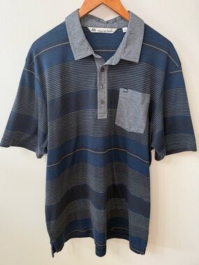 TravisMathew Polo Shirt XL Blue Gray Striped Pocket Short Sleeve Casual Golf